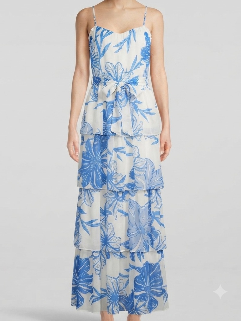 Vestique Blue & White Floral Tiered Maxi Dress Women’s Large